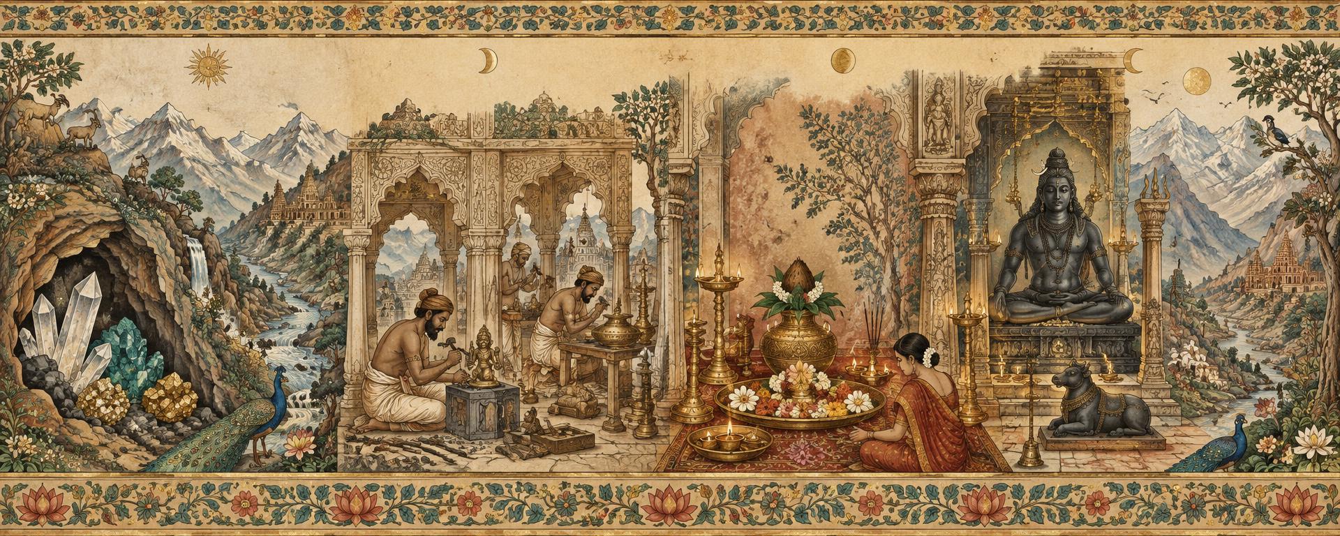 An illustrated journey from crystals in the earth through sacred craftsmanship and puja to a Shiva murti